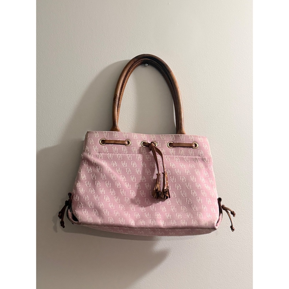 Dooney & Bourke Vintage Pink Monogram Mini Tassel Tote Bag Canvas Leather Trim